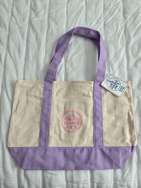 NWT Large Lavender/Natural Trader Joe's Canvas Tote Bag - NEW